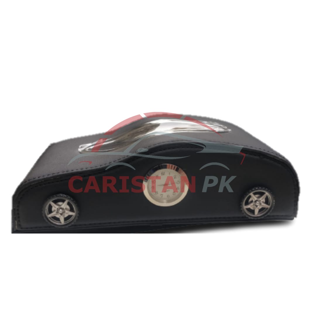 Premium Car Style Leather Tissue Box Black With Watch