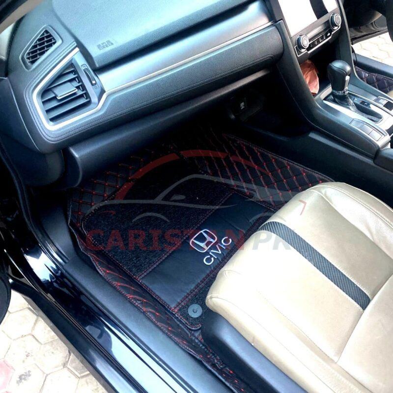 Honda Civic 9D Premium Floor Mats Black With Red Stitch 2016-21 Model Honda Civic 9D Premium Floor Mats Black With Red Stitch 2016-21 Model