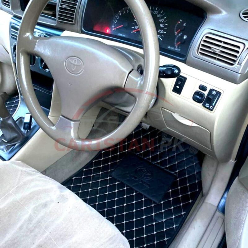 Toyota Corolla Flat Style 7D Floor Mats Black With Beige Stitch 2002-08 1