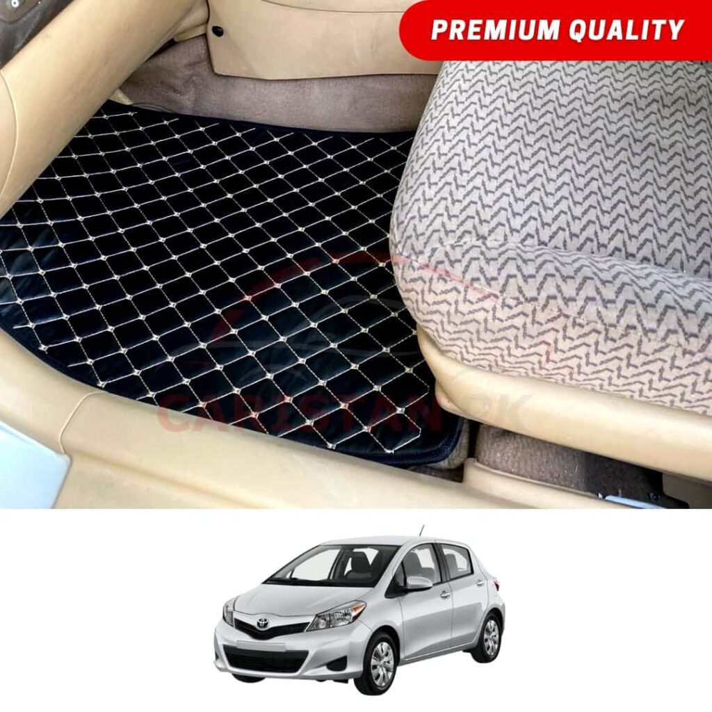 Toyota Vitz Flat Style 7D Floor Mats Black With Beige Stitch 2011-16