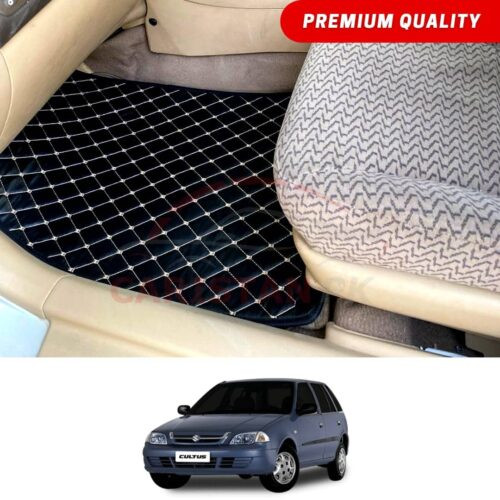 Suzuki Cultus Flat Style 7D Floor Mats Black With Beige Stitch 2002-16