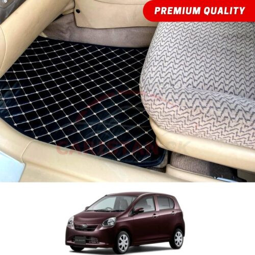 Daihatsu Mira Flat Style 7D Floor Mats Black With Beige Stitch 2012-16