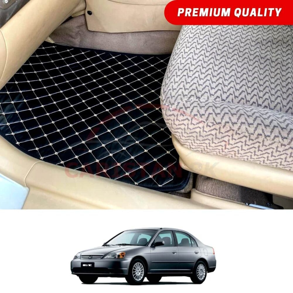Honda Civic Flat Style 7D Floor Mats Black With Beige Stitch 2001-05