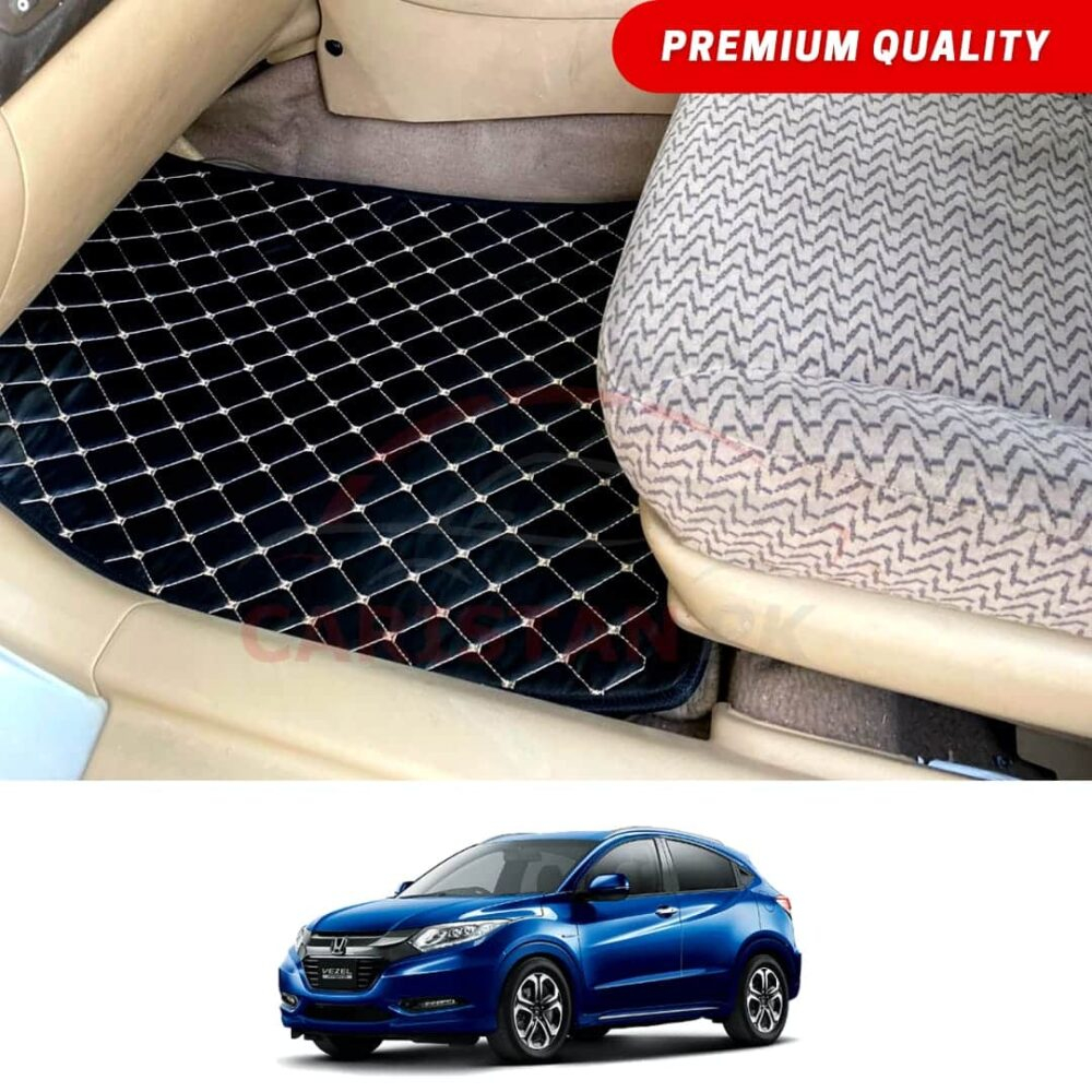Honda Vezel Flat Style 7D Floor Mats Black With Beige Stitch
