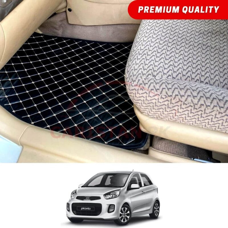 KIA Picanto Flat Style 7D Floor Mats Black With Beige Stitch KIA Picanto Flat Style 7D Floor Mats Black With Beige Stitch