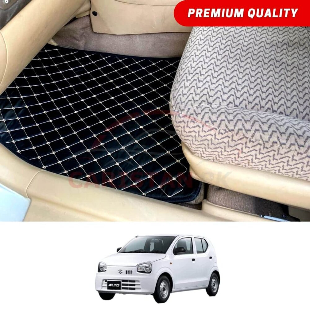 Suzuki Alto Flat Style 7D Floor Mats Black With Beige Stitch 2017-26 Suzuki Alto Flat Style 7D Floor Mats Black With Beige Stitch 2017-26
