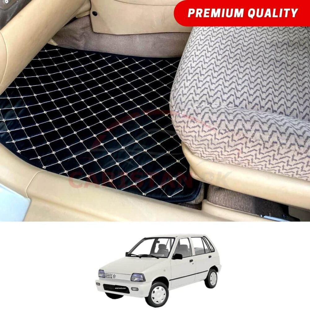 Suzuki Mehran Flat Style 7D Floor Mats Black With Beige Stitch Suzuki Mehran Flat Style 7D Floor Mats Black With Beige Stitch