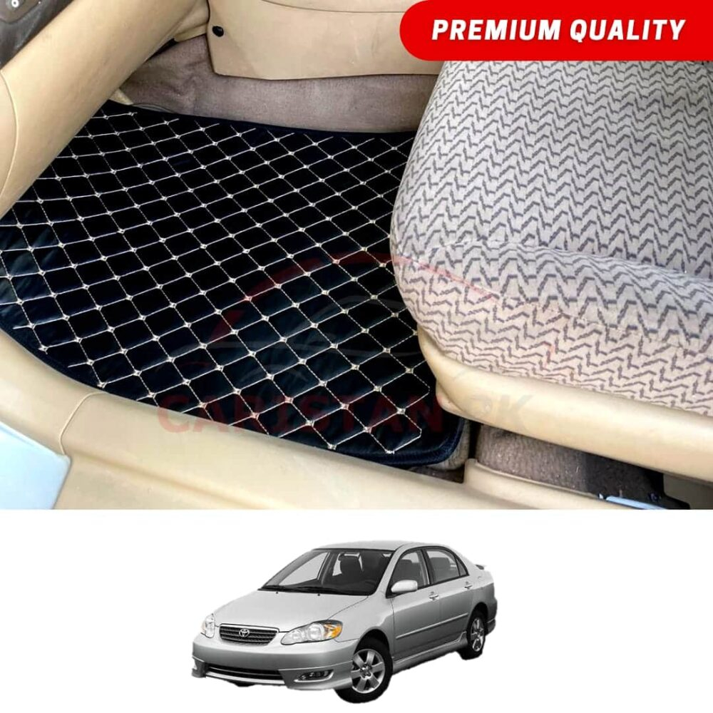 Toyota Corolla Flat Style 7D Floor Mats Black With Beige Stitch 2002-08