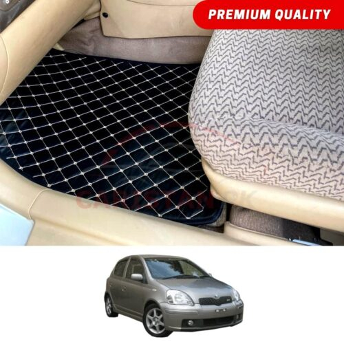 Toyota Vitz Flat Style 7D Floor Mats Black With Beige Stitch 2000-05