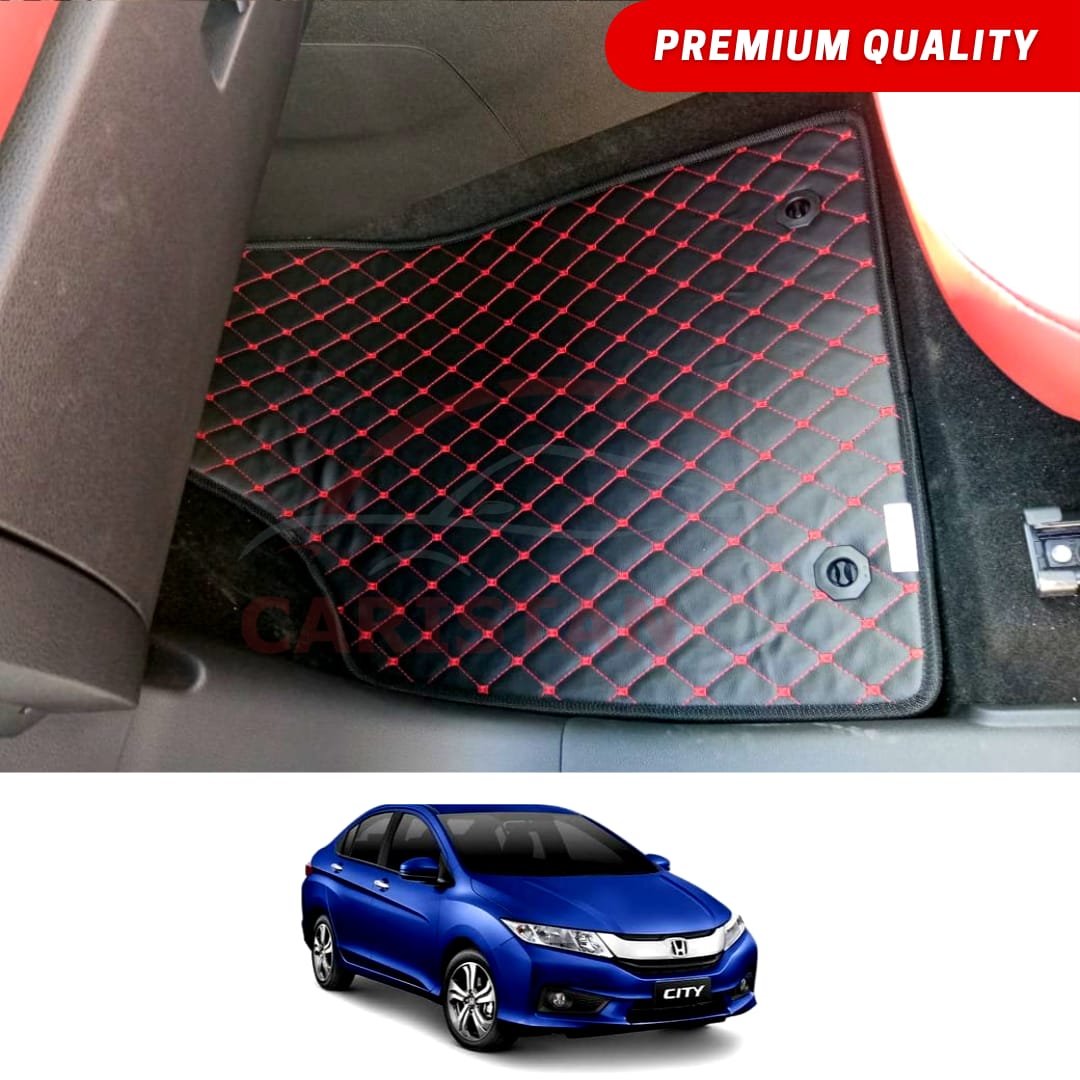 Honda City New Shape Flat Style 7D Floor Mats Black With Red Stitch