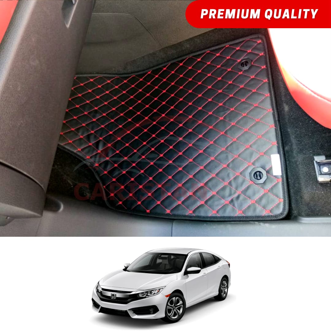 Honda Civic Flat Style 7D Floor Mats Black With Red Stitch 2016-21