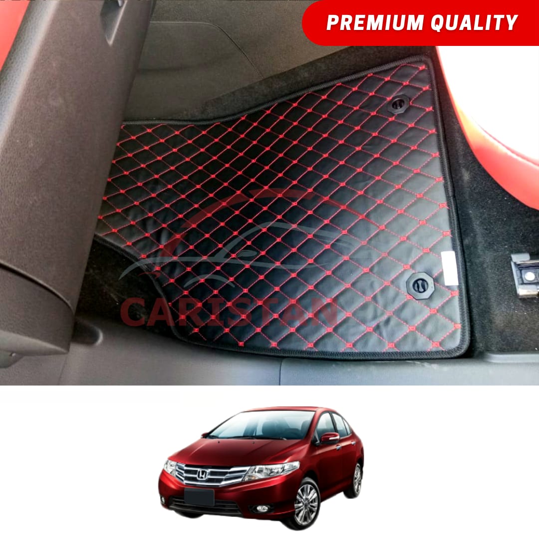 Honda City Flat Style 7D Floor Mats Black With Red Stitch 2009-21