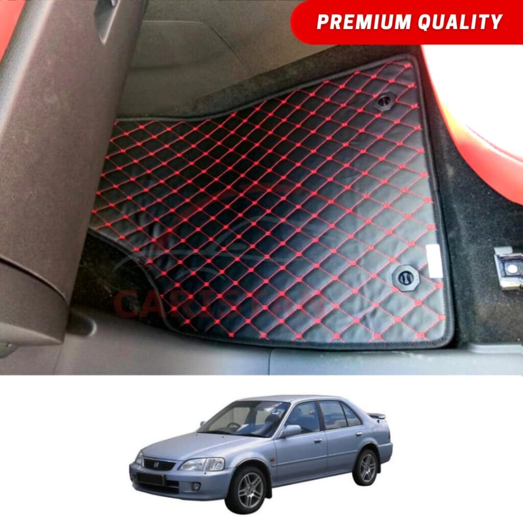 Honda City Flat Style 7D Floor Mats Black With Red Stitch 2000-03