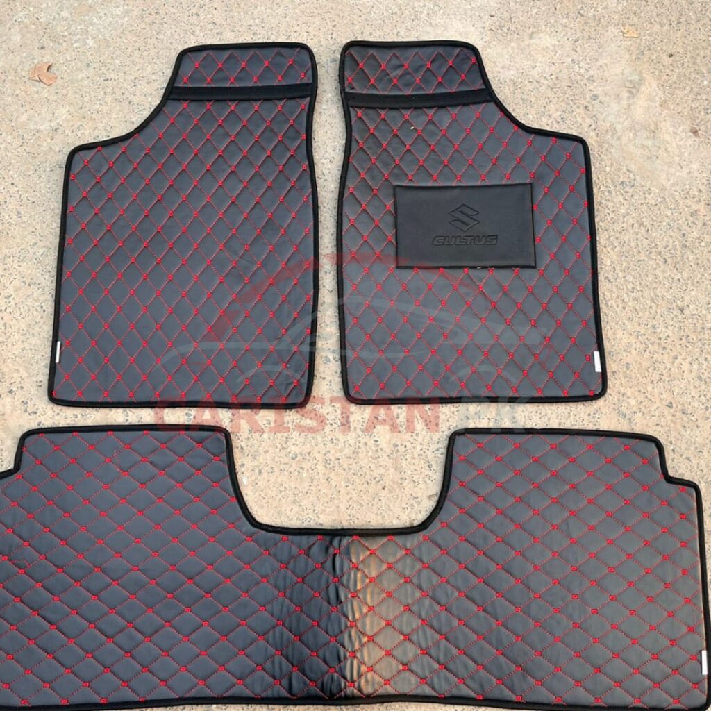 Suzuki Cultus Flat Style 7D Floor Mats Black With Red Stitch 2017-24 1