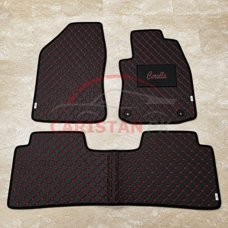 Toyota Corolla Flat Style 7D Floor Mats Black With Red Stitch 2017-26 2