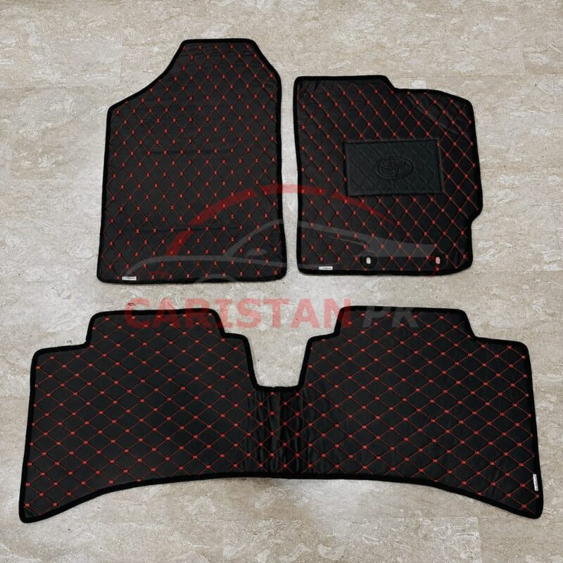 Toyota Aqua Flat Style 7D Floor Mats Black With Red Stitch 2017-22 2