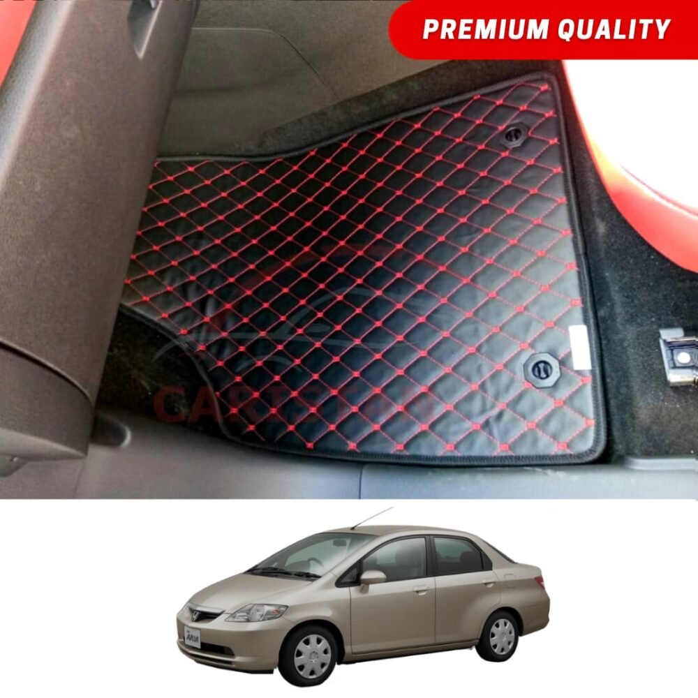 Honda City Flat Style 7D Floor Mats Black With Red Stitch 2004-06