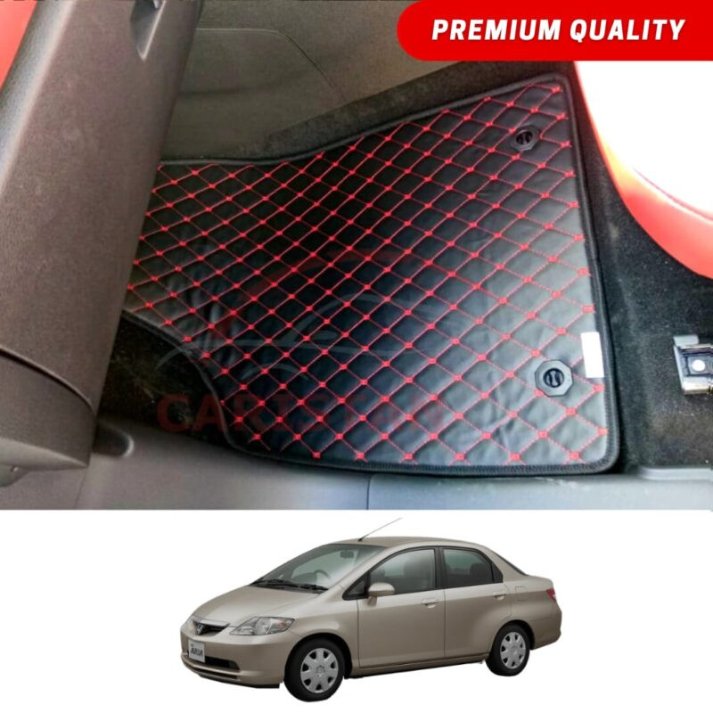 Honda City Flat Style 7D Floor Mats Black With Red Stitch 2004-06