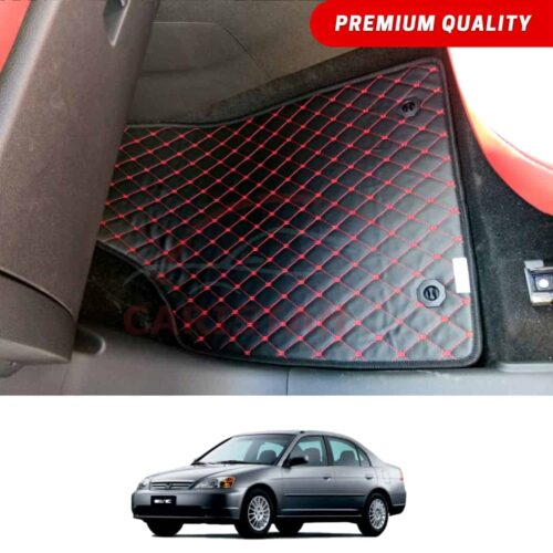 Honda Civic Flat Style 7D Floor Mats Black With Red Stitch 2001-05