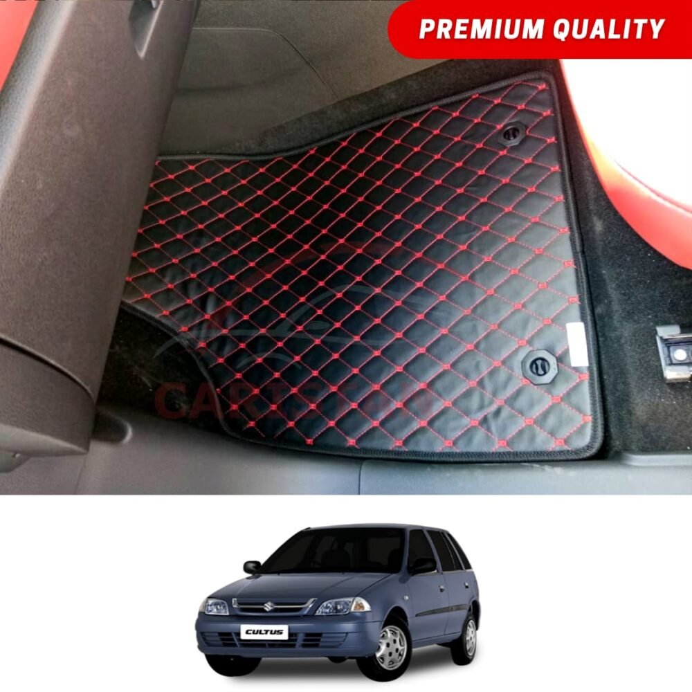 Suzuki Cultus Flat Style 7D Floor Mats Black With Red Stitch 2002-16