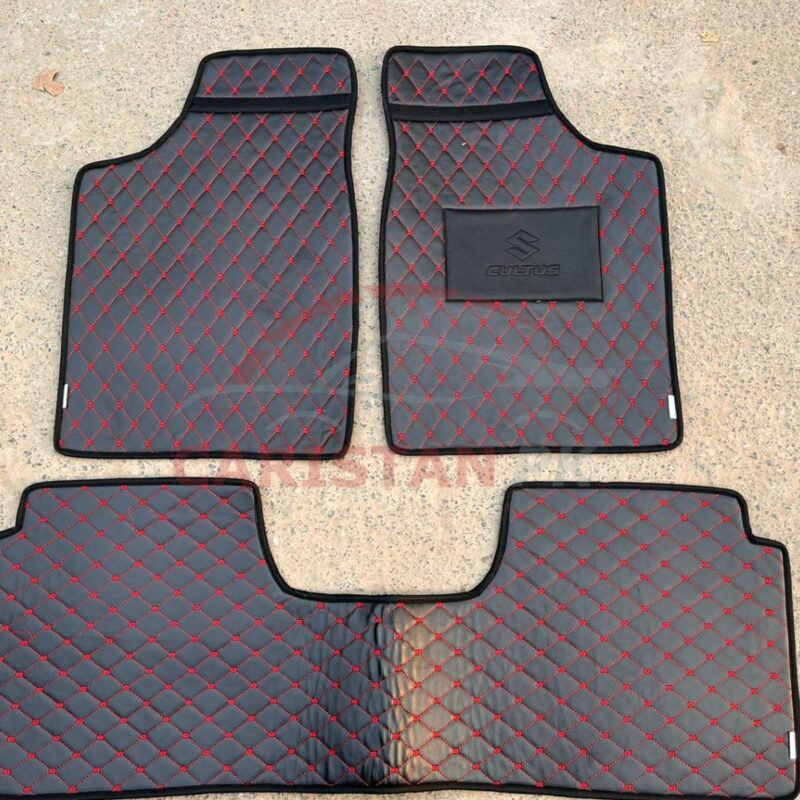 Suzuki Cultus Flat Style 7D Floor Mats Black With Red Stitch 2017-26 1