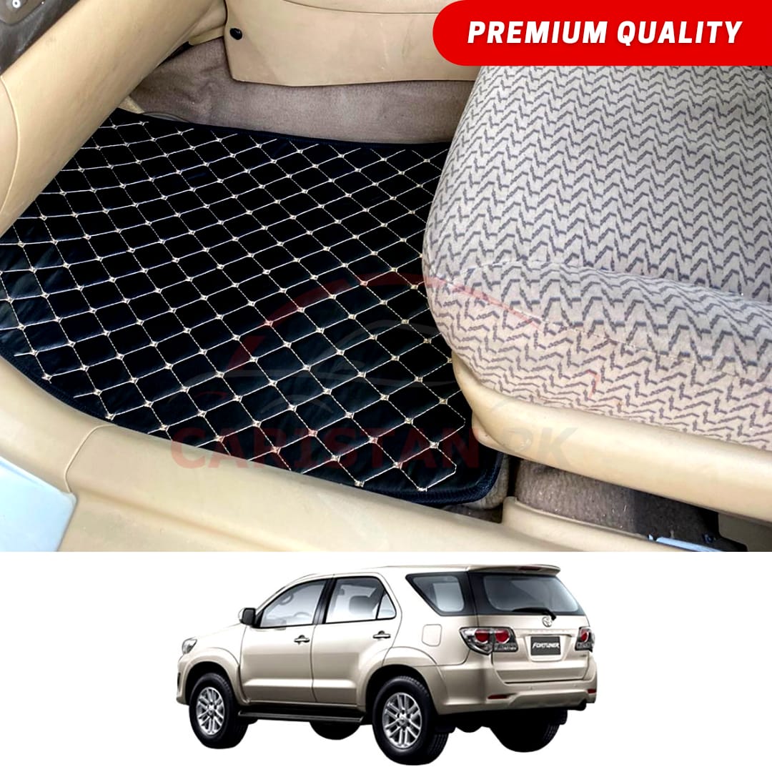 Toyota Fortuner Flat Style 7D Floor Mats Black With Beige Stitch 2005-15
