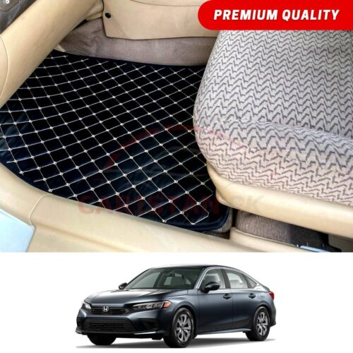 Honda Civic Flat Style 7D Floor Mats Black With Beige Stitch 2022 Model & Onwards