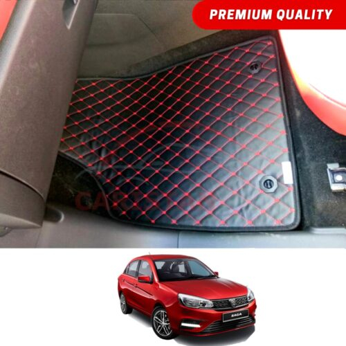 Proton Saga Flat Style 7D Floor Mats Black With Red Stitch