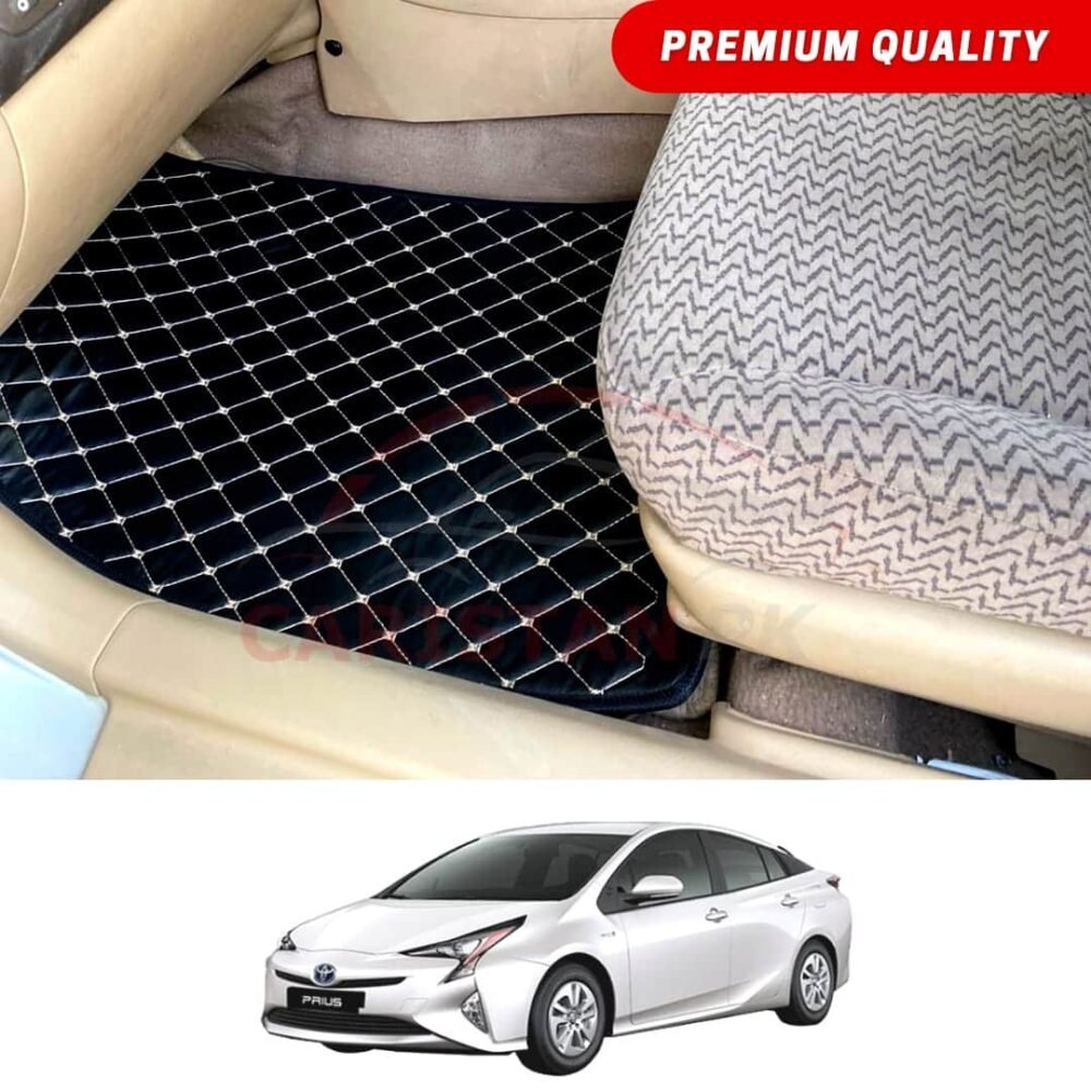 Toyota Prius Flat Style 7D Floor Mats Black With Beige Stitch 2018-21 Toyota Prius Flat Style 7D Floor Mats Black With Beige Stitch 2018-21