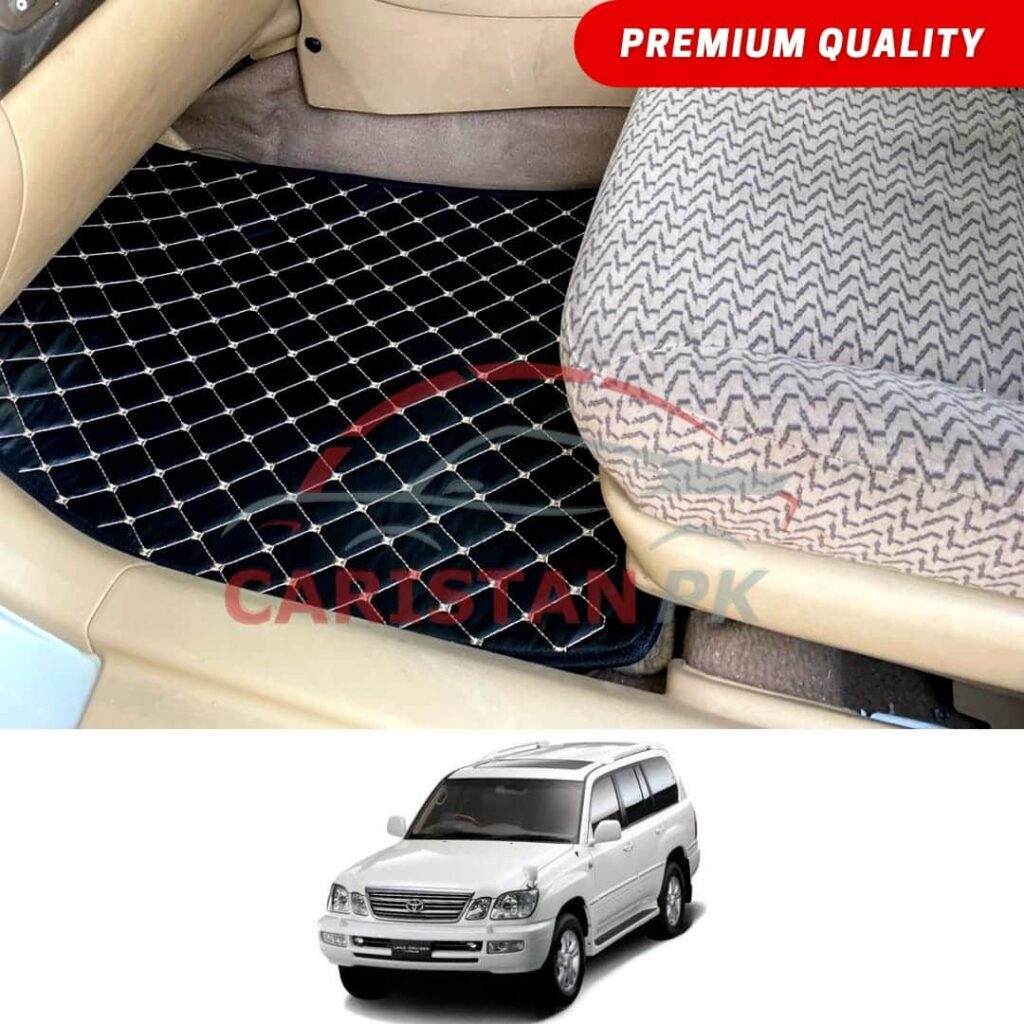 Toyota Land Cruiser Flat Style 7D Floor Mats Black With Beige Stitch 2003-07