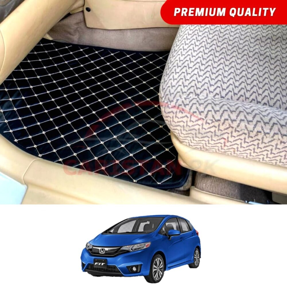 Honda Fit Flat Style 7D Floor Mats Black With Beige Stitch