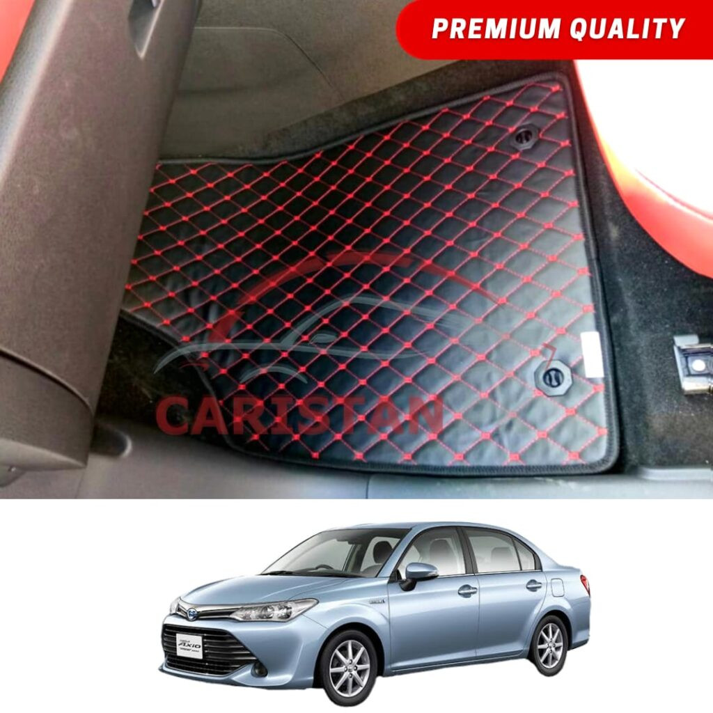 Toyota Corolla Axio Flat Style 7D Floor Mats Black With Red Stitch 2014-22