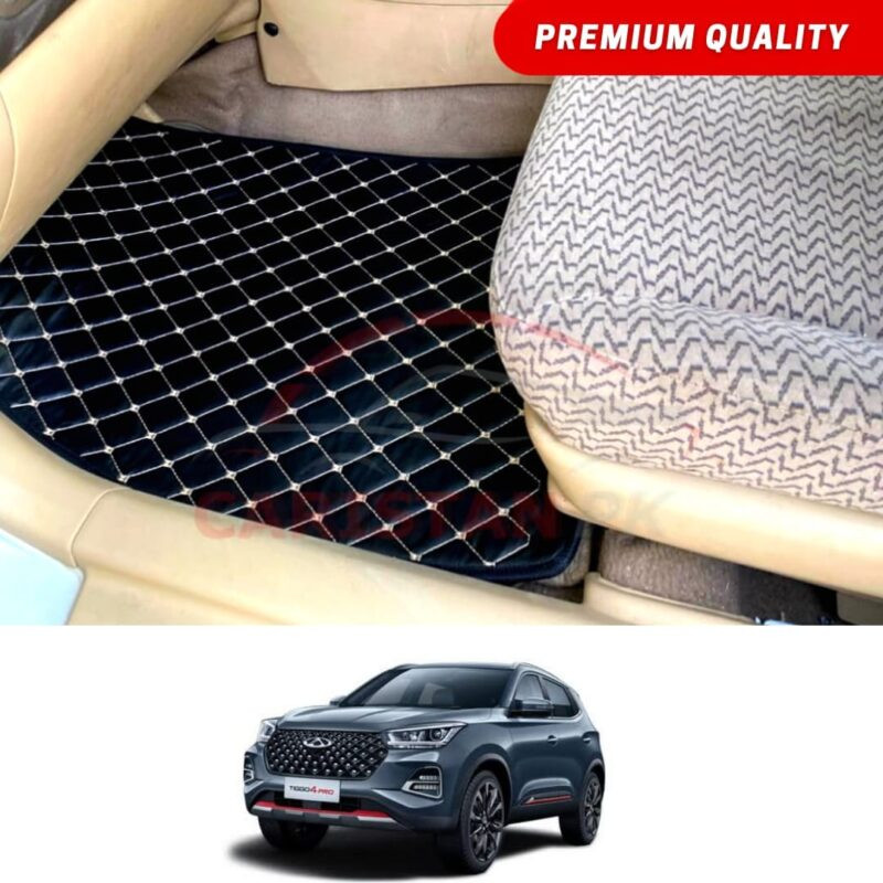 Chery Tiggo 4 Pro Flat Style 7D Floor Mats Black With Beige Stitch Chery Tiggo 4 Pro Flat Style 7D Floor Mats Black With Beige Stitch