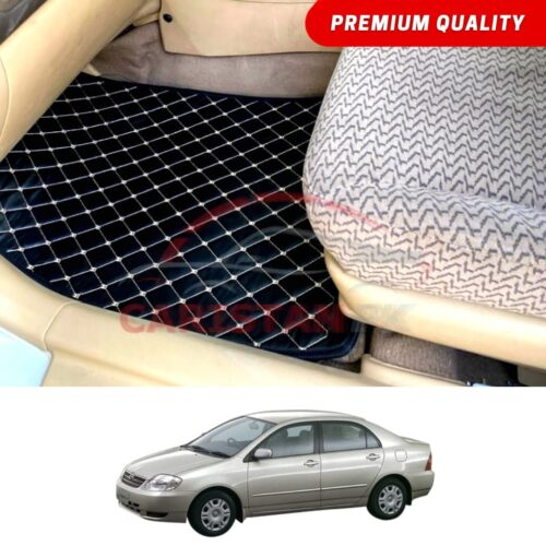 Toyota Corolla X Flat Style 7D Floor Mats Black With Beige Stitch 2002-05