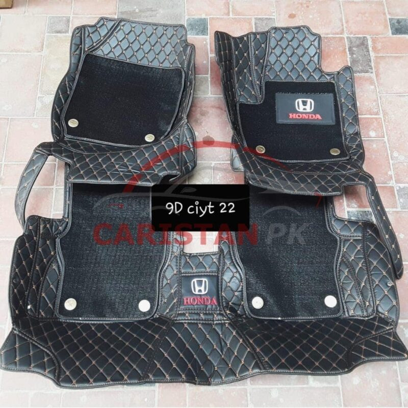 Honda City Premium 9D Floor Mats Black With Orange Stitch 2022 Model & Onwards 1