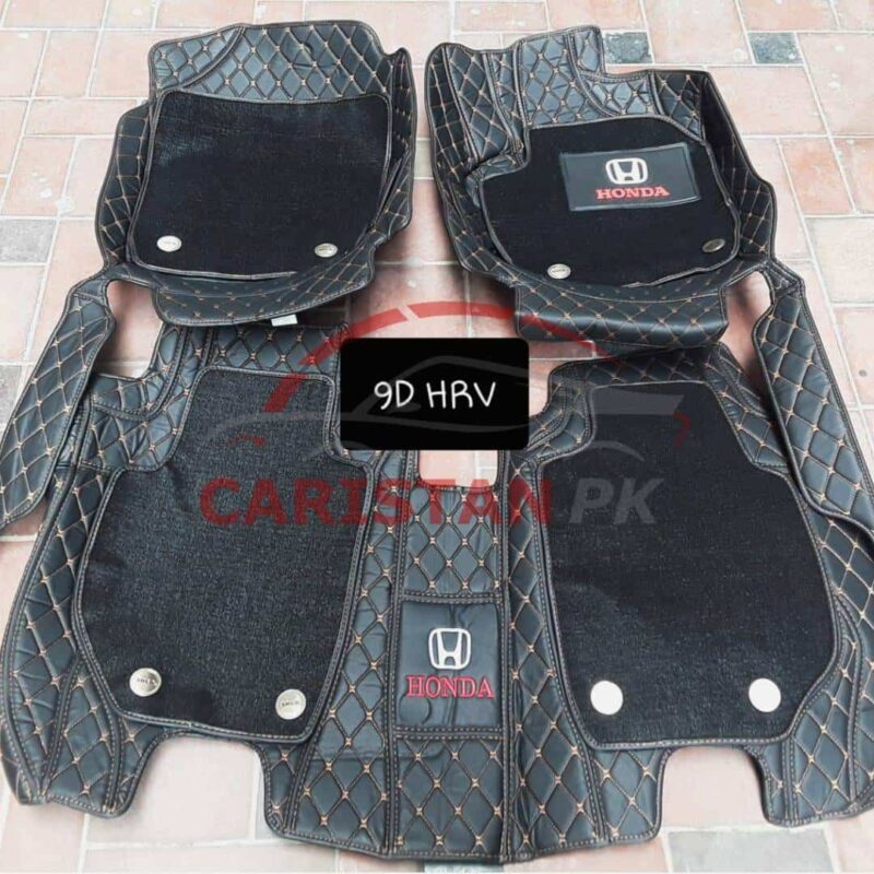 Honda HRV Premium 9D Floor Mats Black With Orange Stitch 1