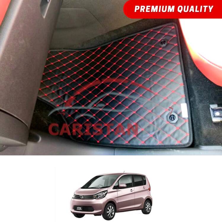 Mitsubishi EK Wagon Flat Style 7D Floor Mats Black With Red Stitch 2014-18