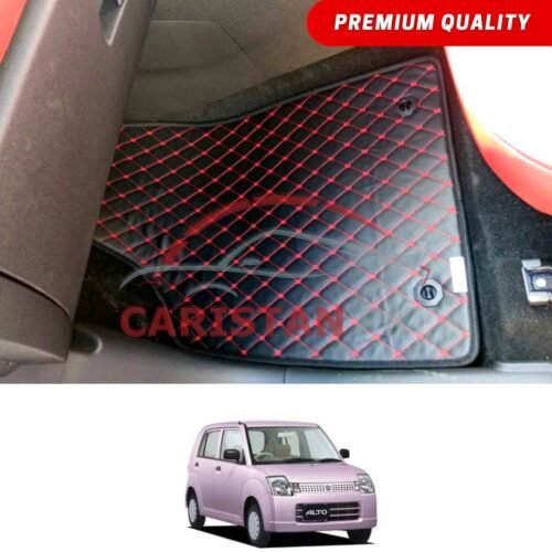 Suzuki Alto JDM Flat Style 7D Floor Mats Black With Red Stitch 2005-09