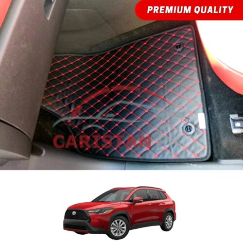 Toyota Corolla Cross Flat Style 7D Floor Mats Black With Red Stitch