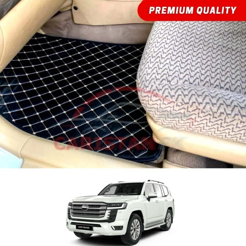 Toyota Land Cruiser Flat Style 7D Floor Mats Black With Beige Stitch 2022-24 Toyota Land Cruiser Flat Style 7D Floor Mats Black With Beige Stitch 2022-24