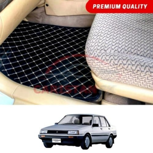 Toyota Corolla Flat Style 7D Floor Mats Black With Beige Stitch 1984-86