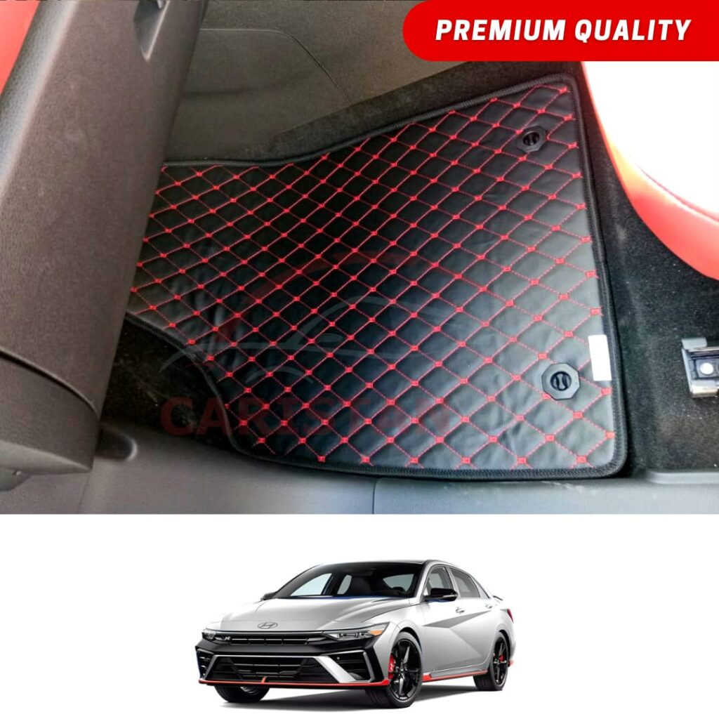 Hyundai Elantra Hybrid Flat Style 7D Floor Mats Black With Red Stitch