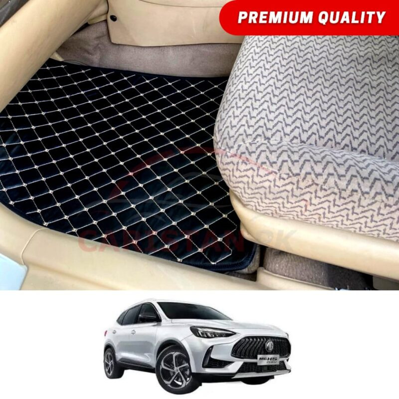 MG HS PHEV/Trophy Flat Style 7D Floor Mats Black With Beige Stitch MG HS PHEV/Trophy Flat Style 7D Floor Mats Black With Beige Stitch