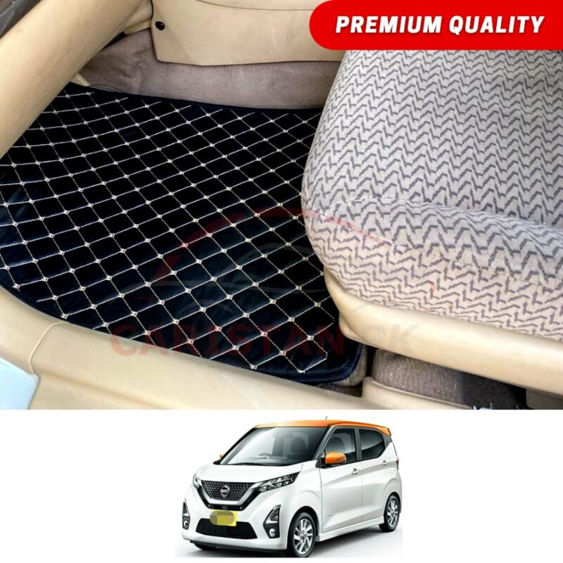 Mitsubishi EK Wagon Flat Style 7D Floor Mats Black With Beige Stitch 2019-24 Mitsubishi EK Wagon Flat Style 7D Floor Mats Black With Beige Stitch 2019-24