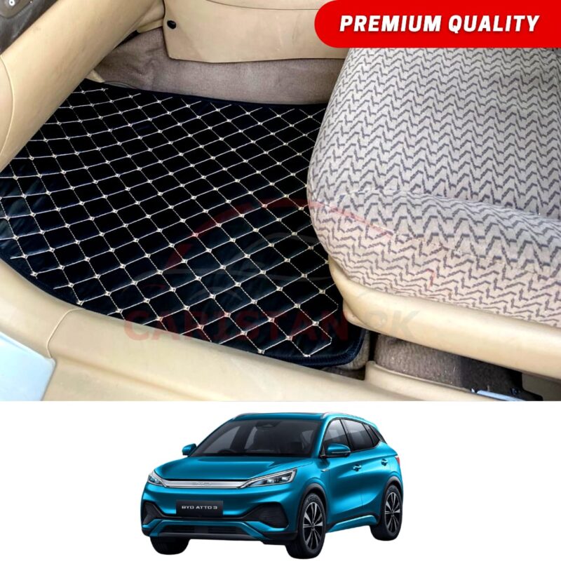 BYD Atto 3 Flat Style 7D Floor Mats Black With Beige Stitch