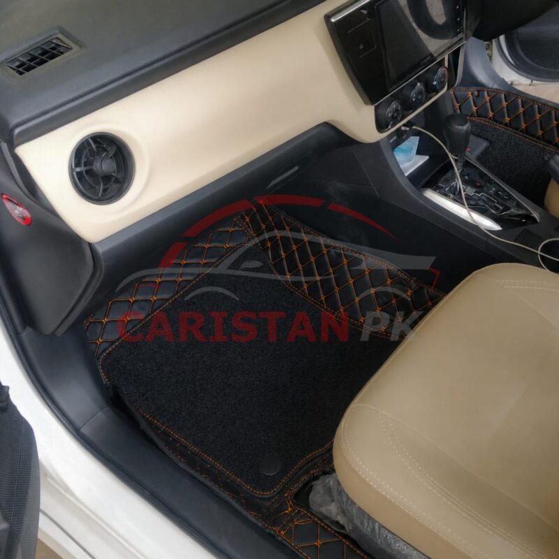 Toyota Corolla Premium 9D Floor Mats Black With Orange Stitch 2014-26 2